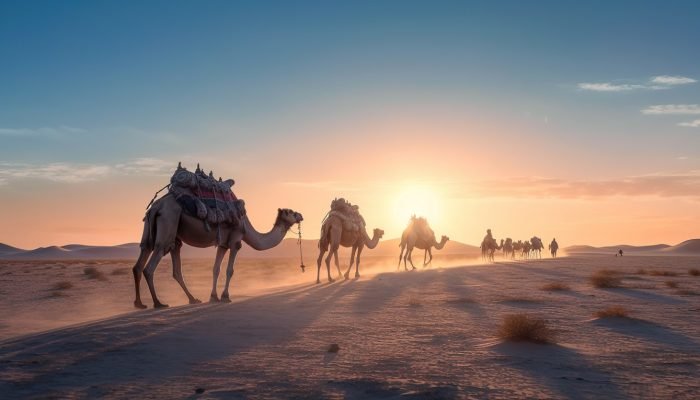 Camel caravan in the desert at sunrise AI generated image